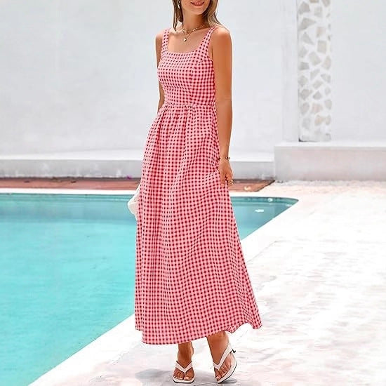 Robe maxi femme à motif à carreaux classique avec bretelles réglables et taille élastique Chic & Stil
