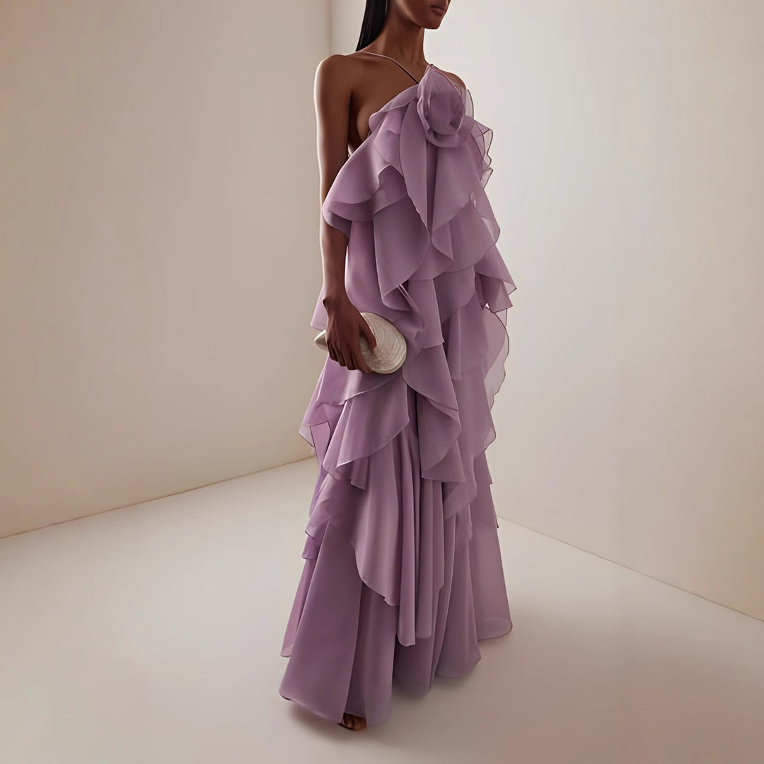 Maxi dress for women with voluminous ruffles and floral accents Lune London
