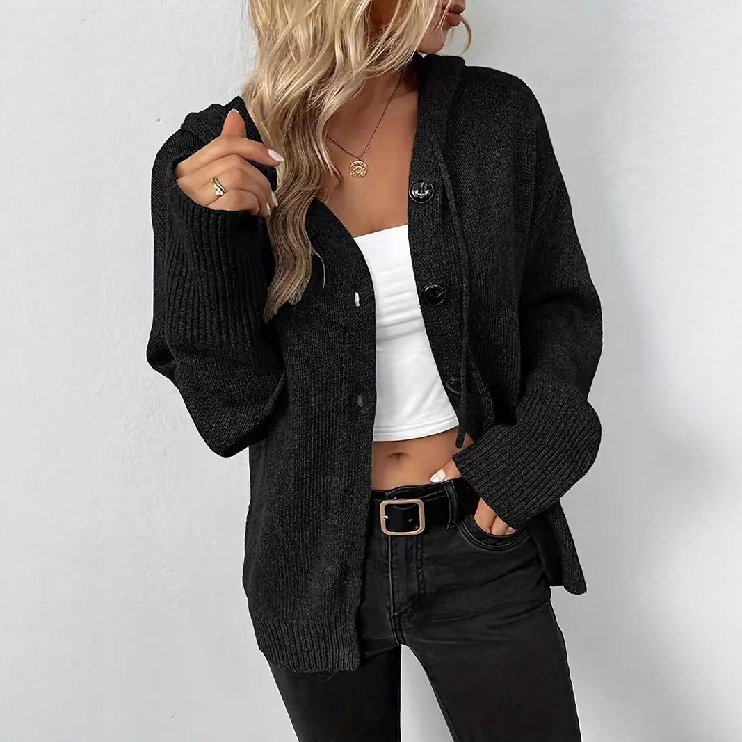 Ladies comfortable cardigan with hood and large buttons Lune London