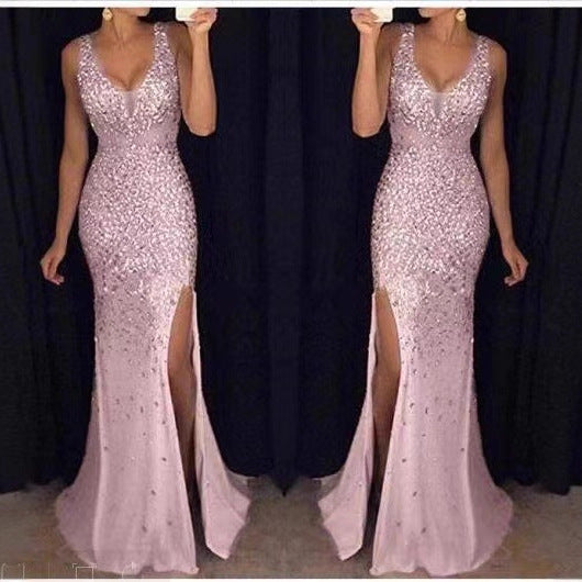 Women's Glamorous Evening Dress with Shimmering Sequins and Deep Slit Lune London