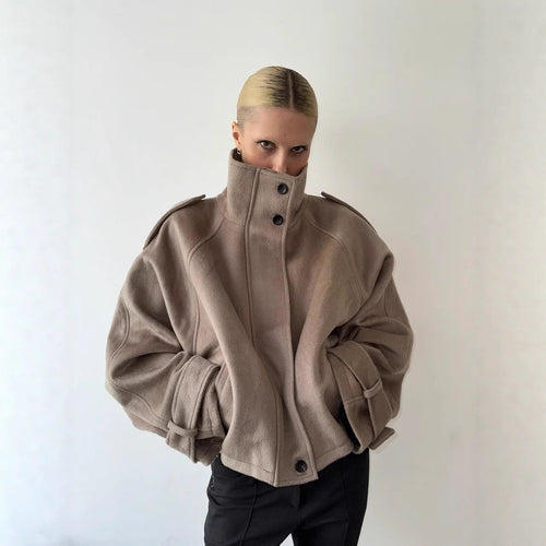 Trendy wool jacket for women with high collar and button details Lune London
