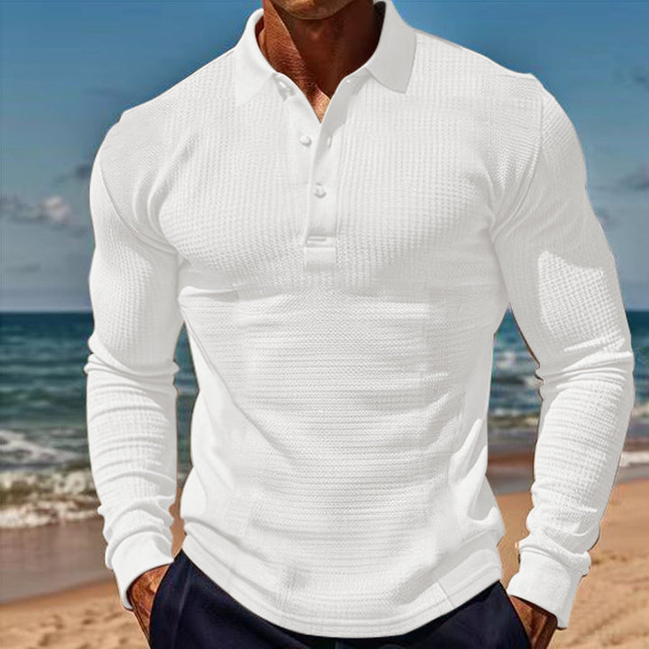 Elegant long sleeve polo shirt for men with button placket and textured design Lune London