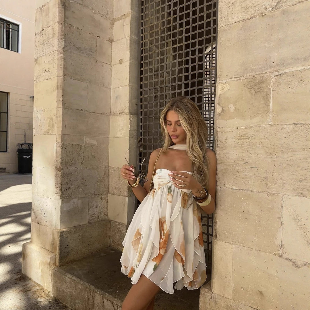 Evening dress for women with floating ruffle design and backless Lune London