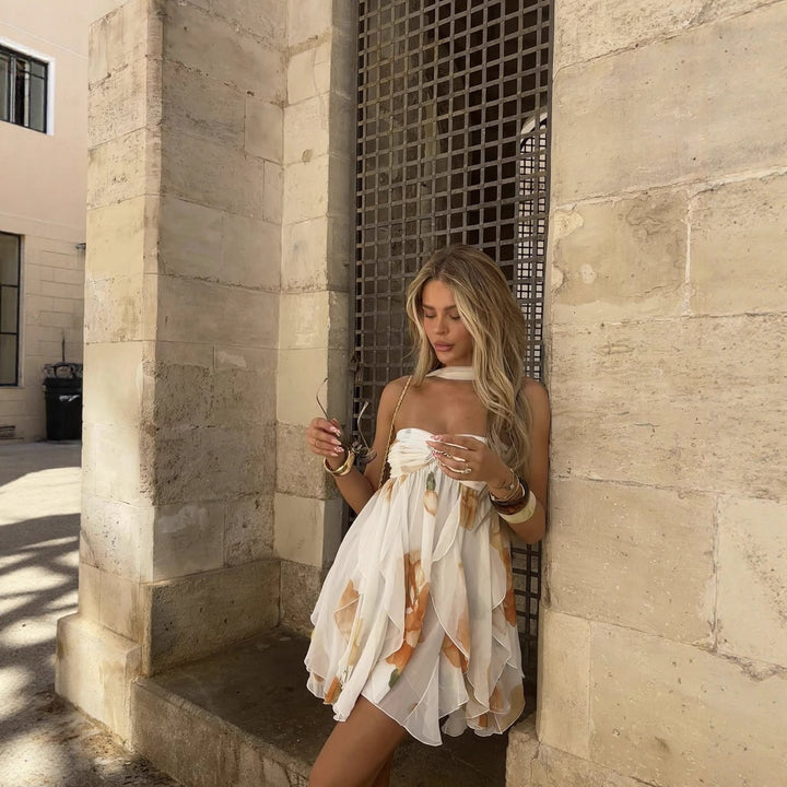 Evening dress for women with floating ruffle design and backless Lune London