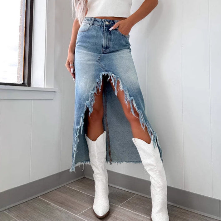 High-waisted denim skirt for women with fringes and slit Lune London