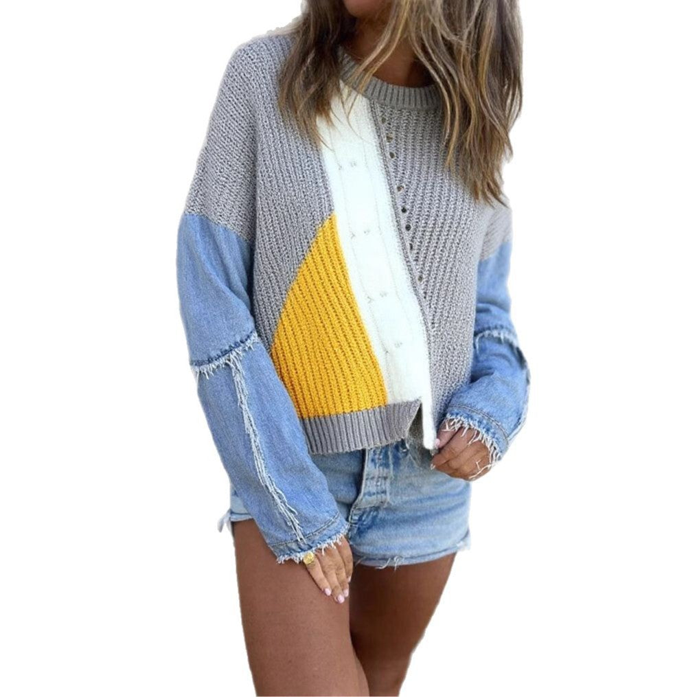 Pull en tricot stylé pour femmes avec des manches en denim et un design de bloc de couleur saisissant Chic & Stil