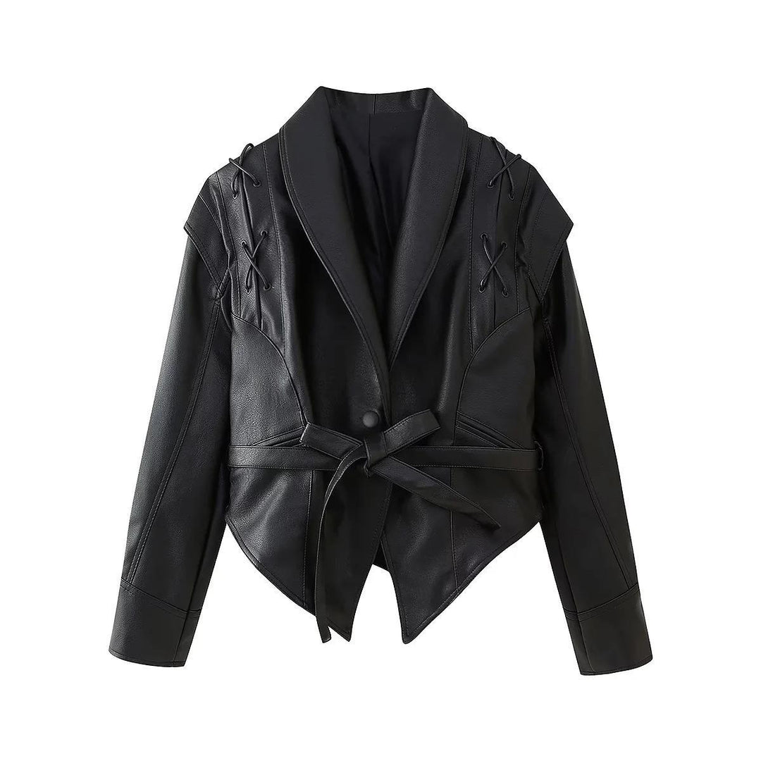 Trendy women's biker jacket with decorative lace details and an elegant waist Lune London