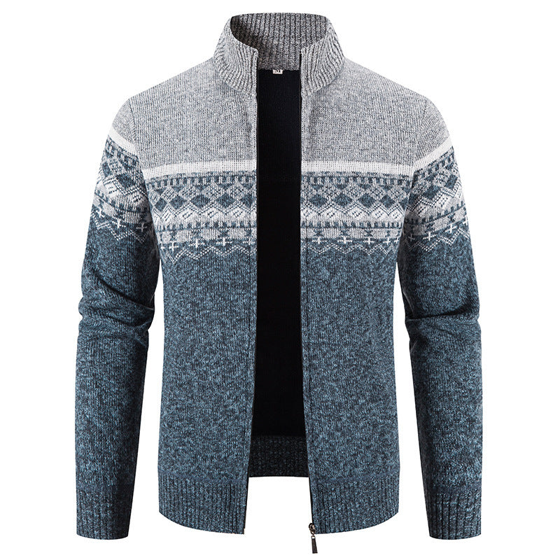 Men's knitted jacket with modern Norwegian pattern and high collar Lune London