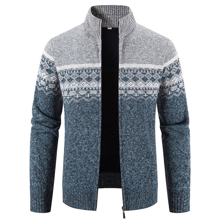 Men's knitted jacket with modern Norwegian pattern and high collar Lune London