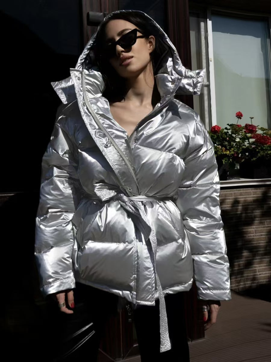 Ladies Shiny Winter Coat with Oversized Fit and Hood Lune London