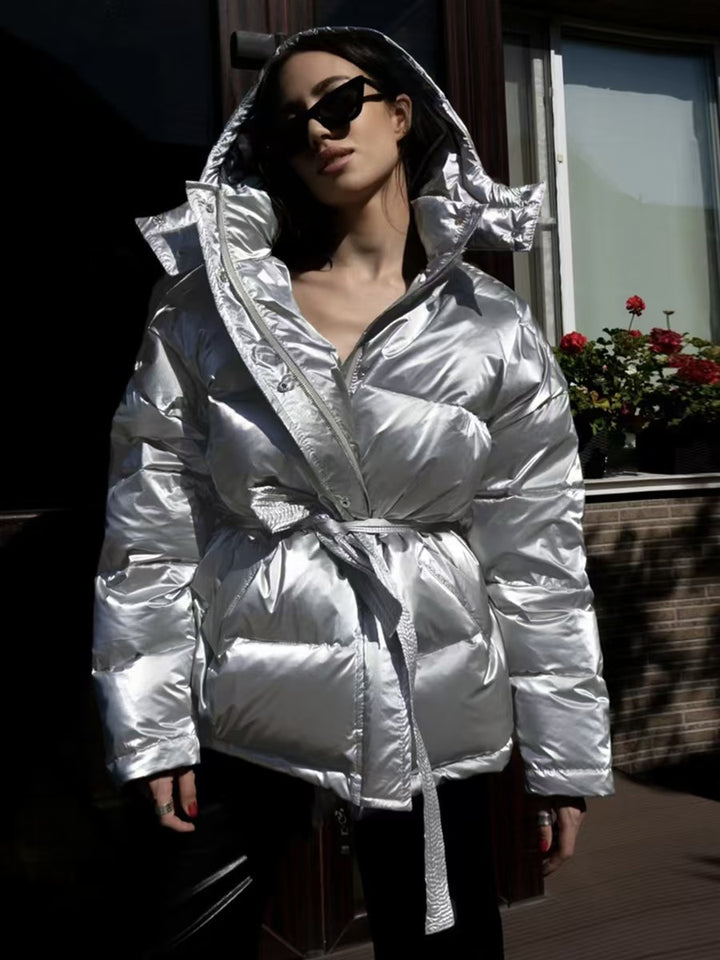 Ladies Shiny Winter Coat with Oversized Fit and Hood Lune London