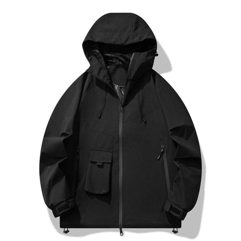 Outdoor technical jacket for men with water-repellent material and adjustable hood design Lune London