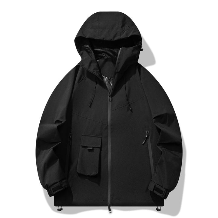 Outdoor technical jacket for men with water-repellent material and adjustable hood design Lune London