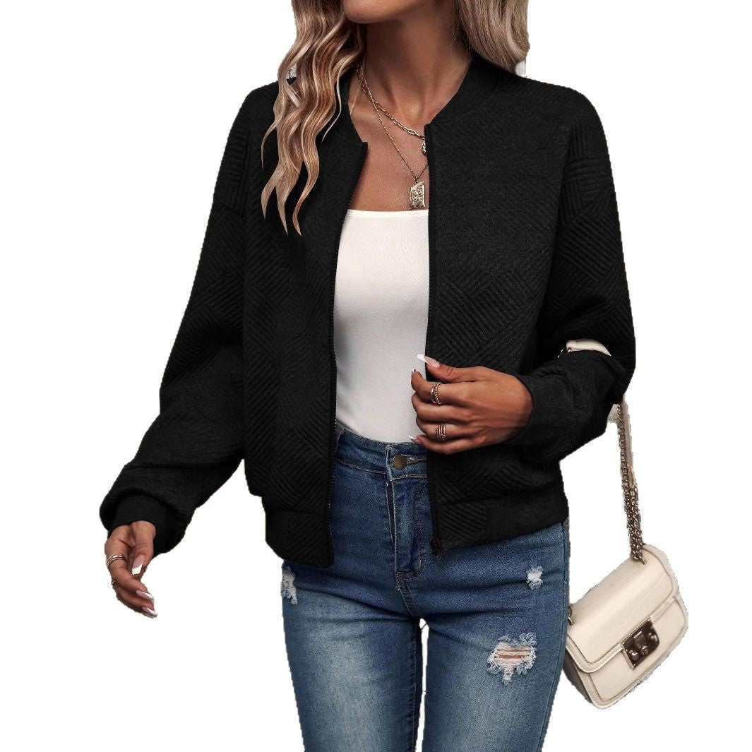 Ladies stylish sweatshirt jacket with textured pattern and high collar Chic and Style