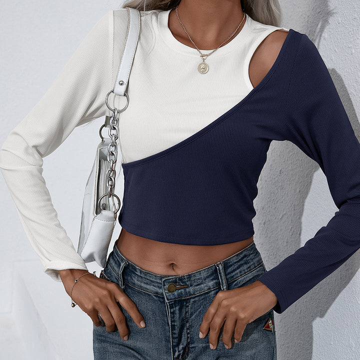 Ladies Long Sleeve Asymmetrical Crop Top in Ribbed Fabric with a Unique Color Design Lune London