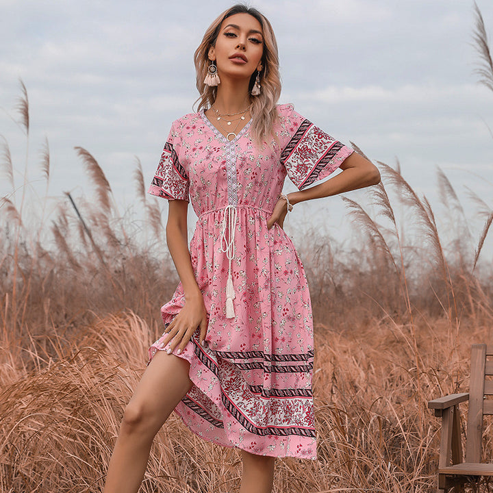 Bohemian casual mid-length dress for women with fringe tie detail Lune London