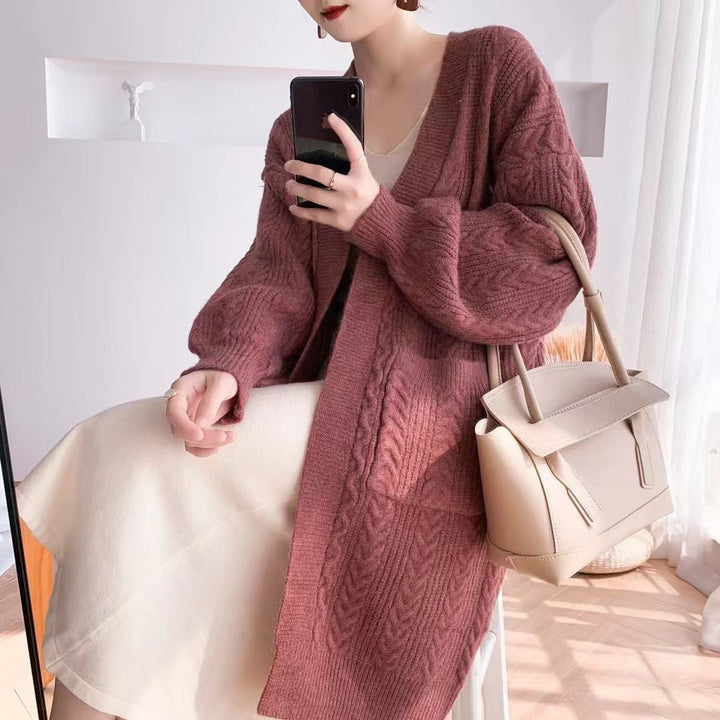 Ladies Thick Knit Cardigan with deep pockets and elegant Braid design Lune London
