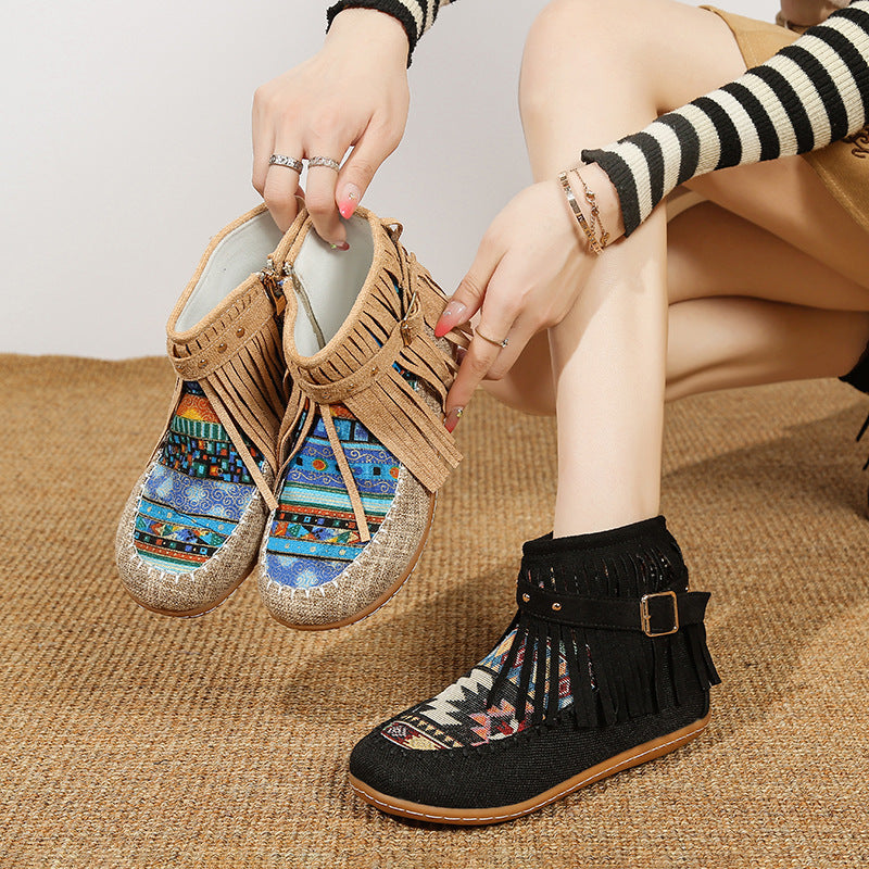 Short fringe boots for women made of high-quality fabric with a colorful ethnic pattern Lune London