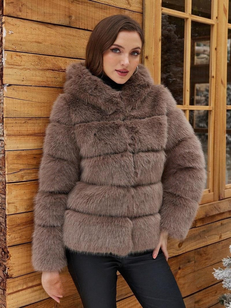 Ladies Trendy Faux Fur Jacket with Hood Lune London