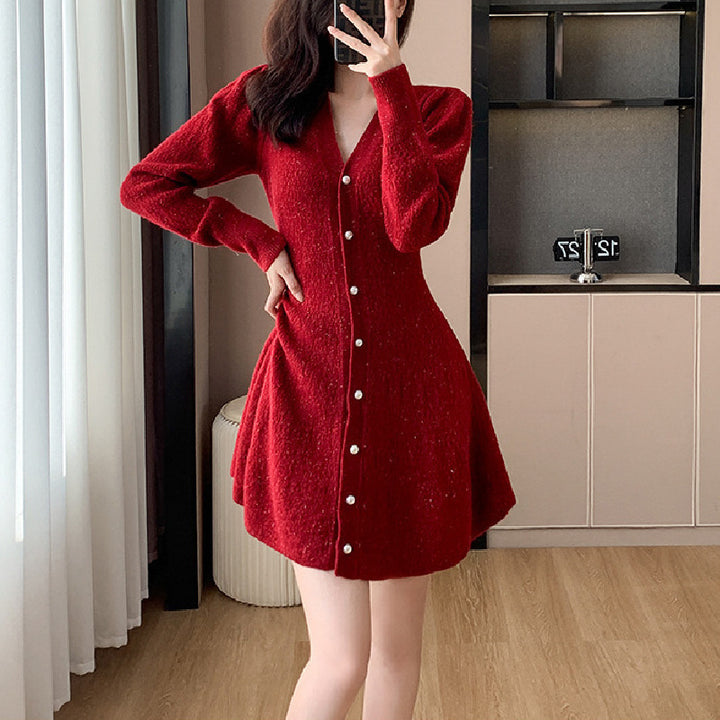 Knitted dress for women with button placket and voluminous sleeves Lune London