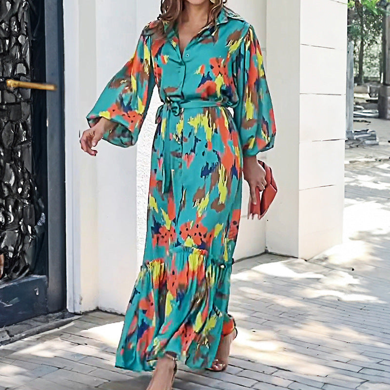 Airy maxi dress for women with a colorful graphic design and elegant ruffle details Lune London