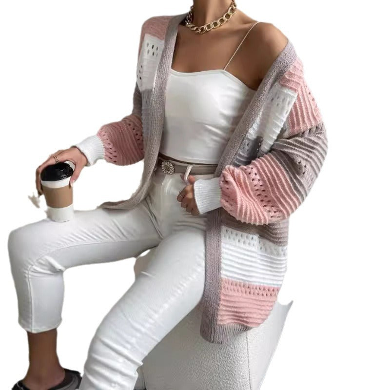 Ladies Casual Knit Cardigan with Modern Airy Patterns and Color Block Stripes Lune London