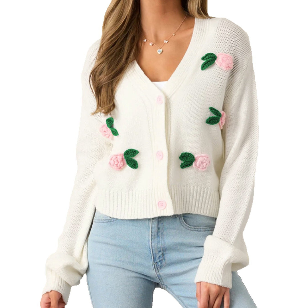 Knit jacket for women with floral appliqués and comfortable button details Lune London