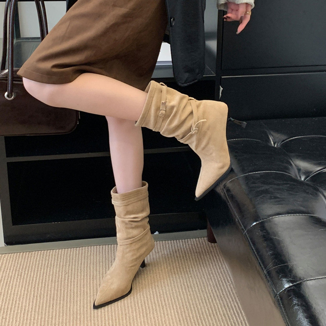 Elegant ankle boots for women in soft suede with a chic pleated design and a small heel Lune London