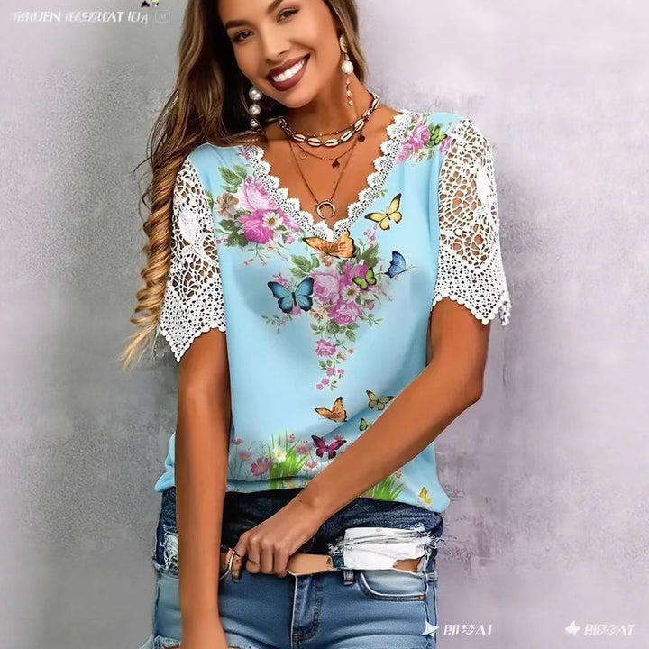 Women's blouse with floral lace and playful butterfly print Lune London
