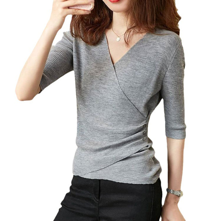 Wrap sweater for women with a fine rib design and button details Lune London