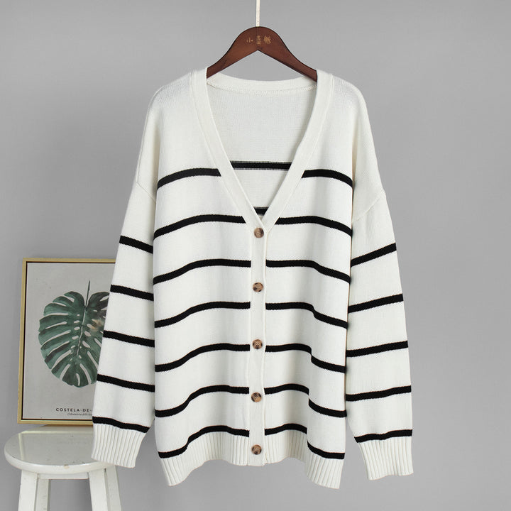 Knitted cardigan for women with V-neck and large stripes Lune London