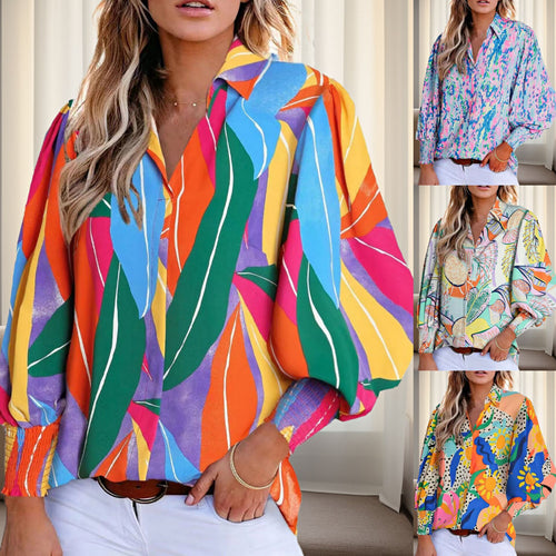 Shirt blouse for women with a vibrant floral design featuring off-shoulder and elastic cuffs Lune London
