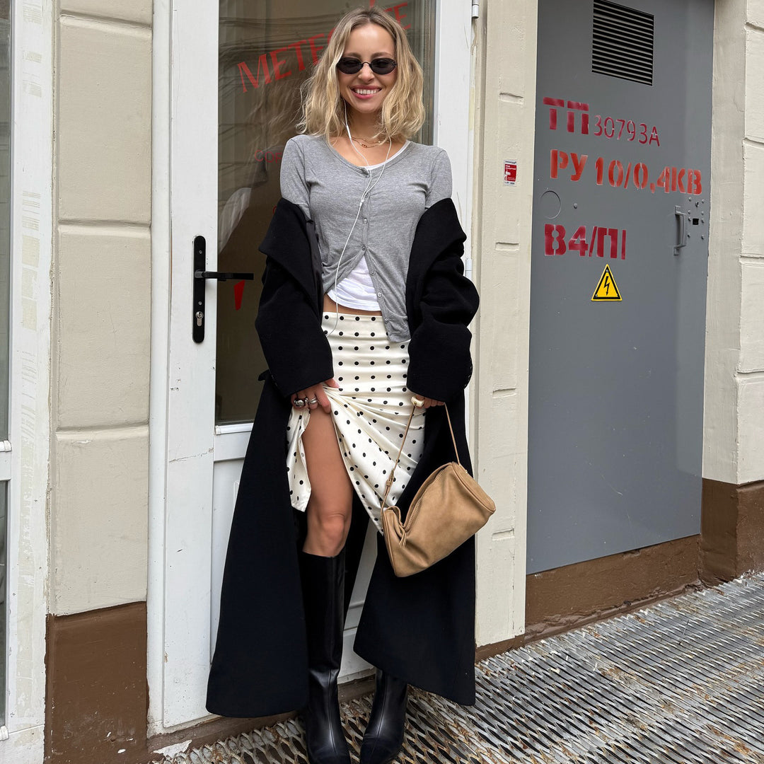 Lune London midi skirt for women with an elegant polka dot design and a high slit