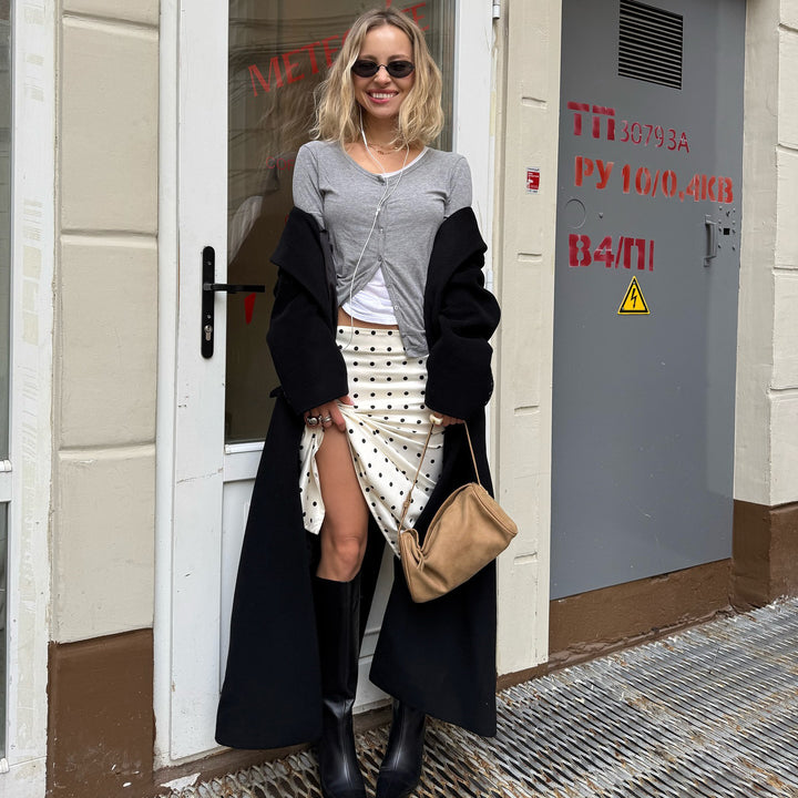 Lune London midi skirt for women with an elegant polka dot design and a high slit