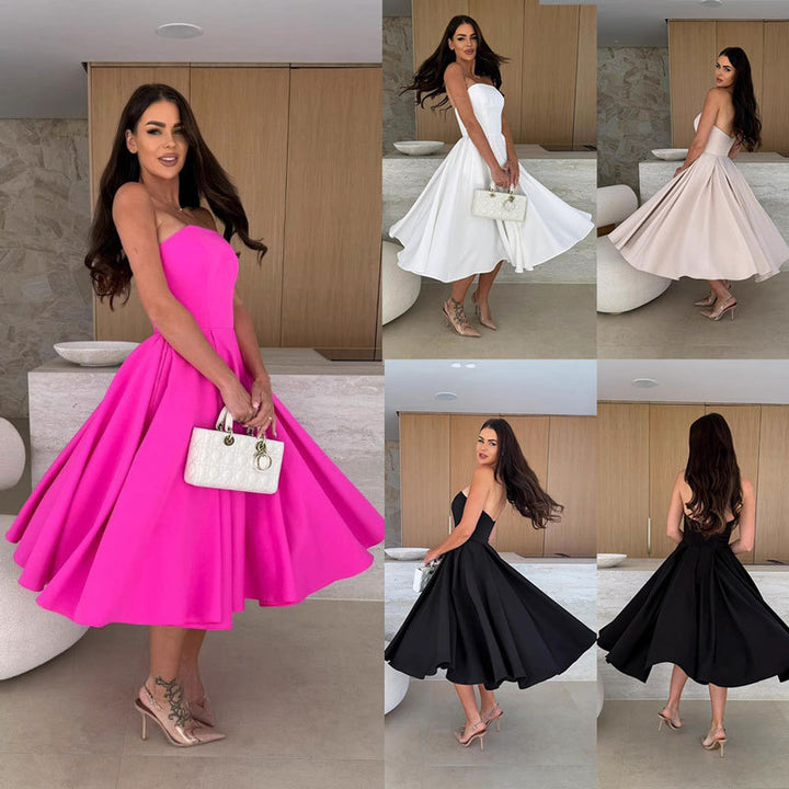 Lune London Strapless Flared Midi Dress