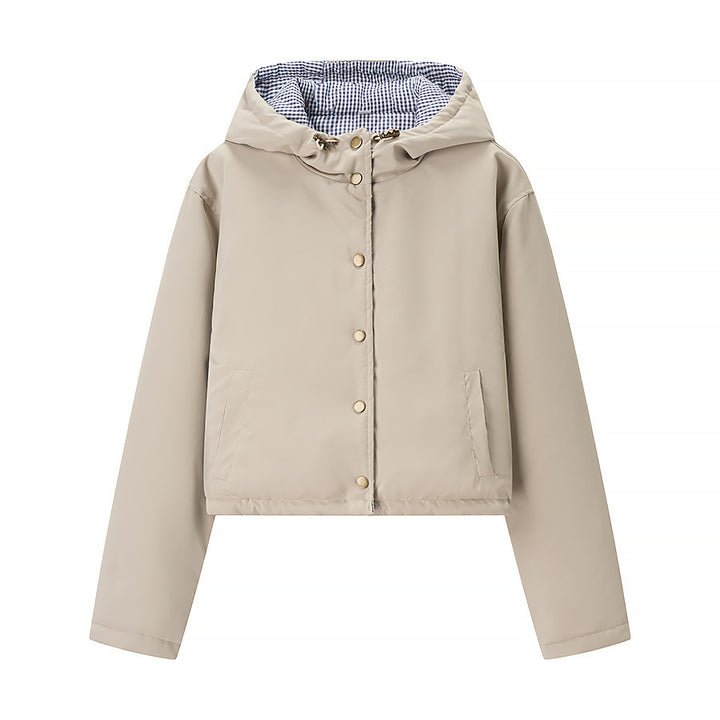 Stylish transition jacket for women with hood and snap button closure Lune London