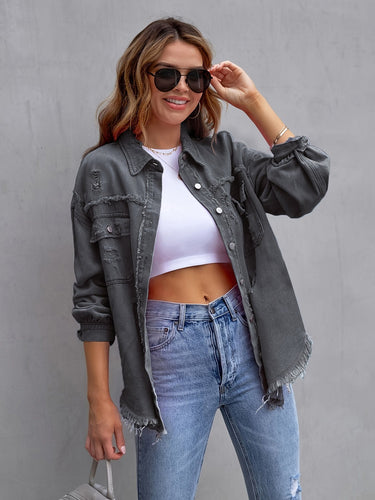 Oversized denim jacket for women with frayed edges and patch pockets Lune London