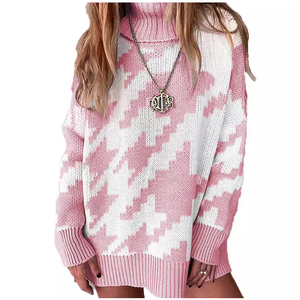 Thick knit sweater for women with a high collar and modern geometric pattern Lune London