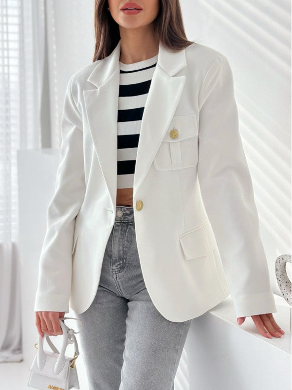 Ladies Fashion Blazer with Embroidered Pockets and Elegant Button Placket Lune London