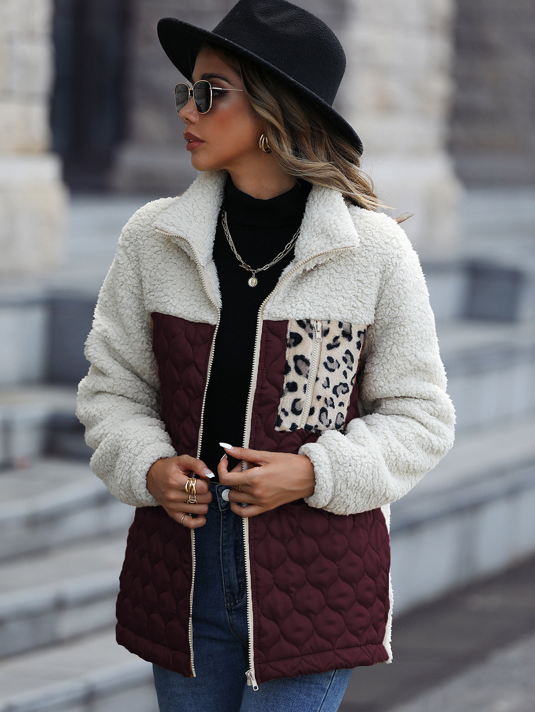 Women's fleece jacket with modern patchwork details and a chic animal print