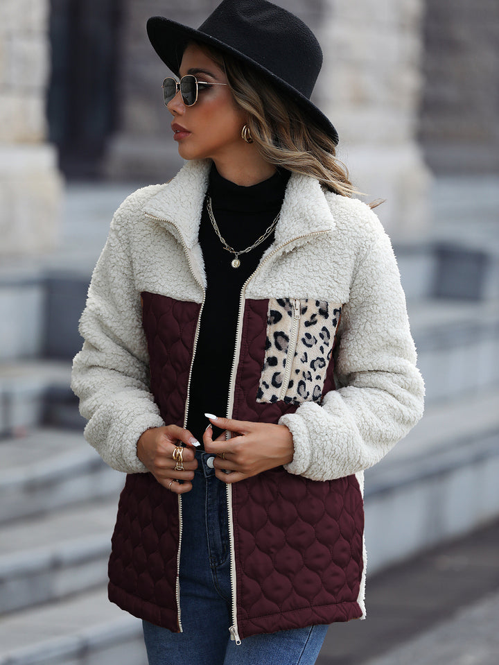 Women's fleece jacket with modern patchwork details and a chic animal print