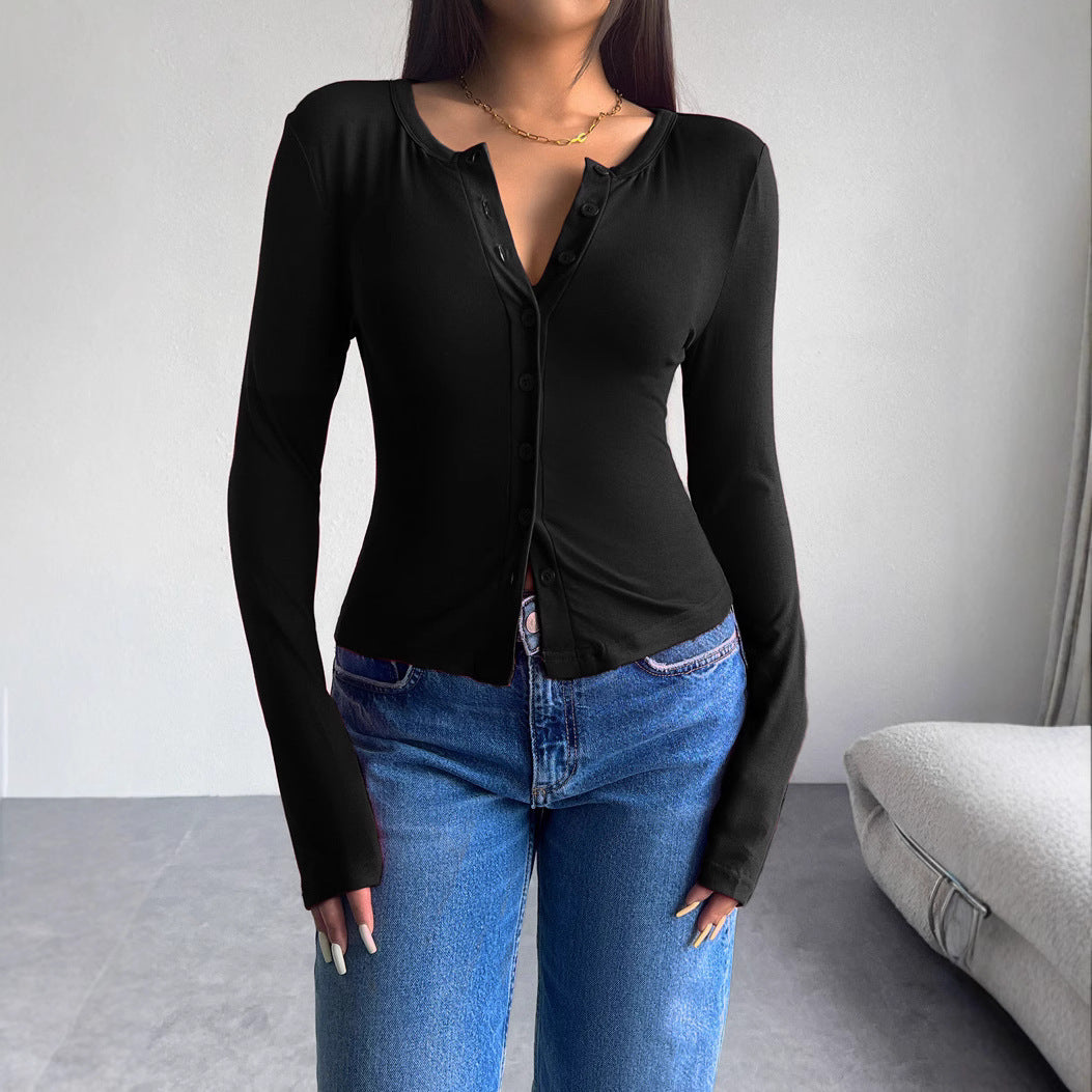 Women's long sleeve t-shirt with trendy button placket and flattering fit Lune London