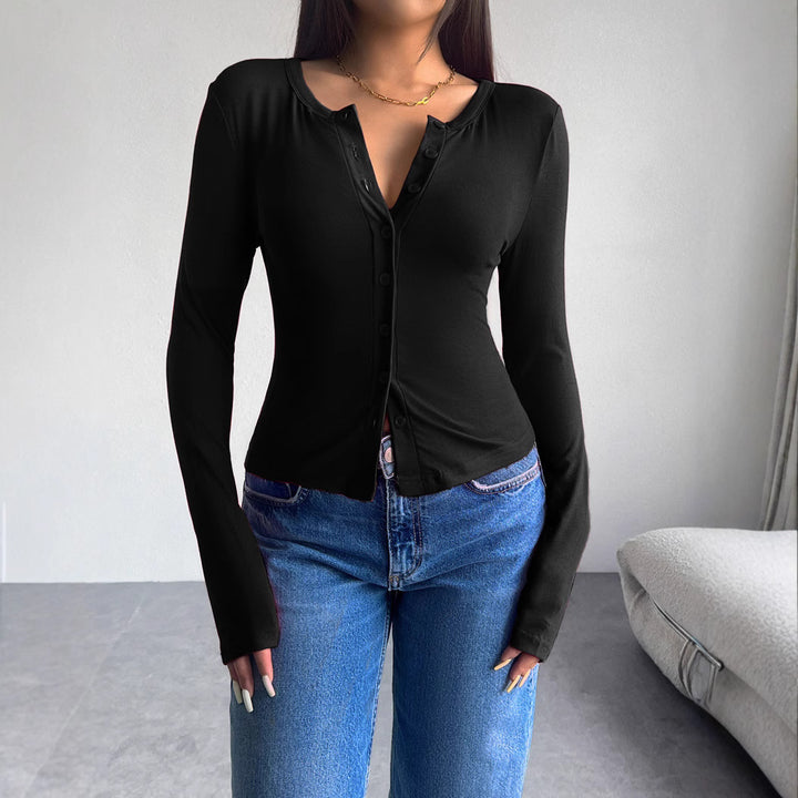 Women's long sleeve t-shirt with trendy button placket and flattering fit Lune London