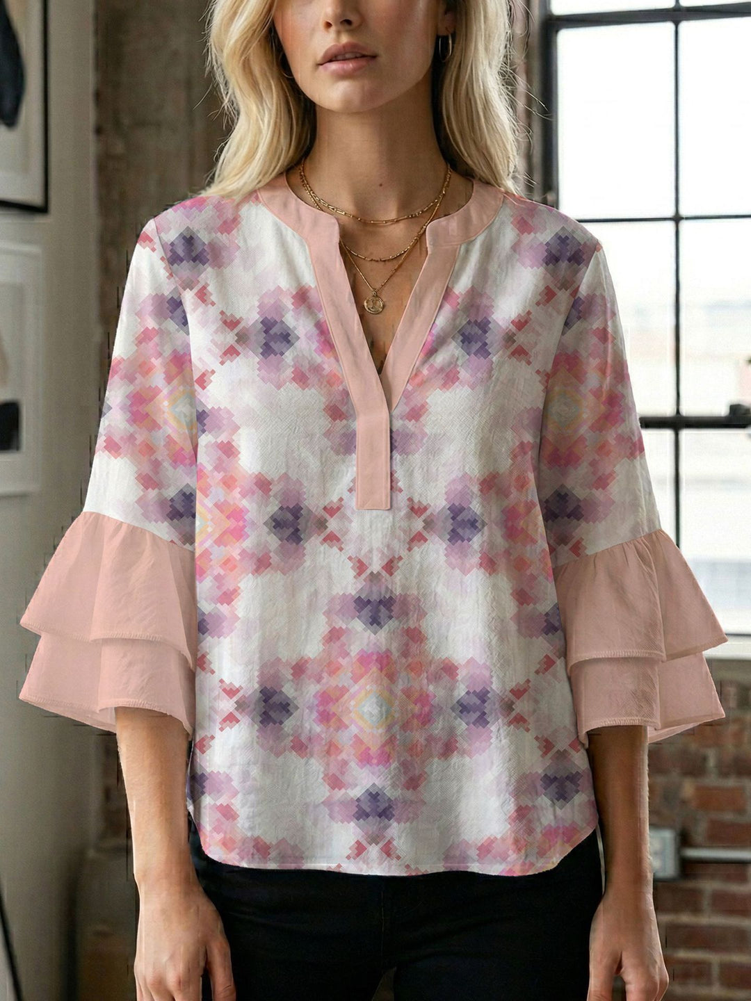 Women's blouse shirt with voluminous sleeves and creative print design Lune London