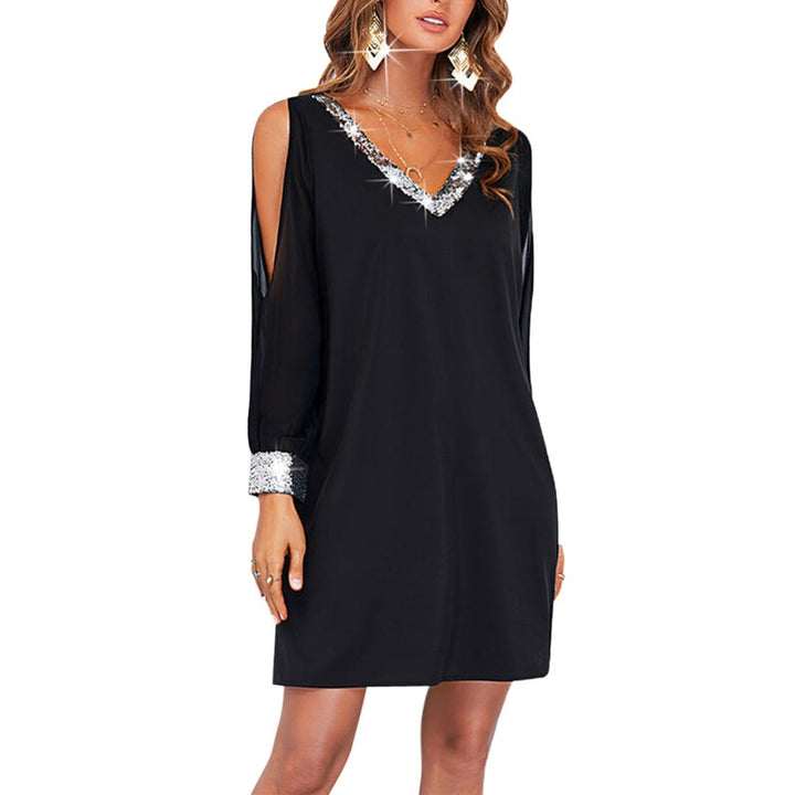 Elegant minimal dress for women with off-shoulder design and sparkling sleeves Lune London