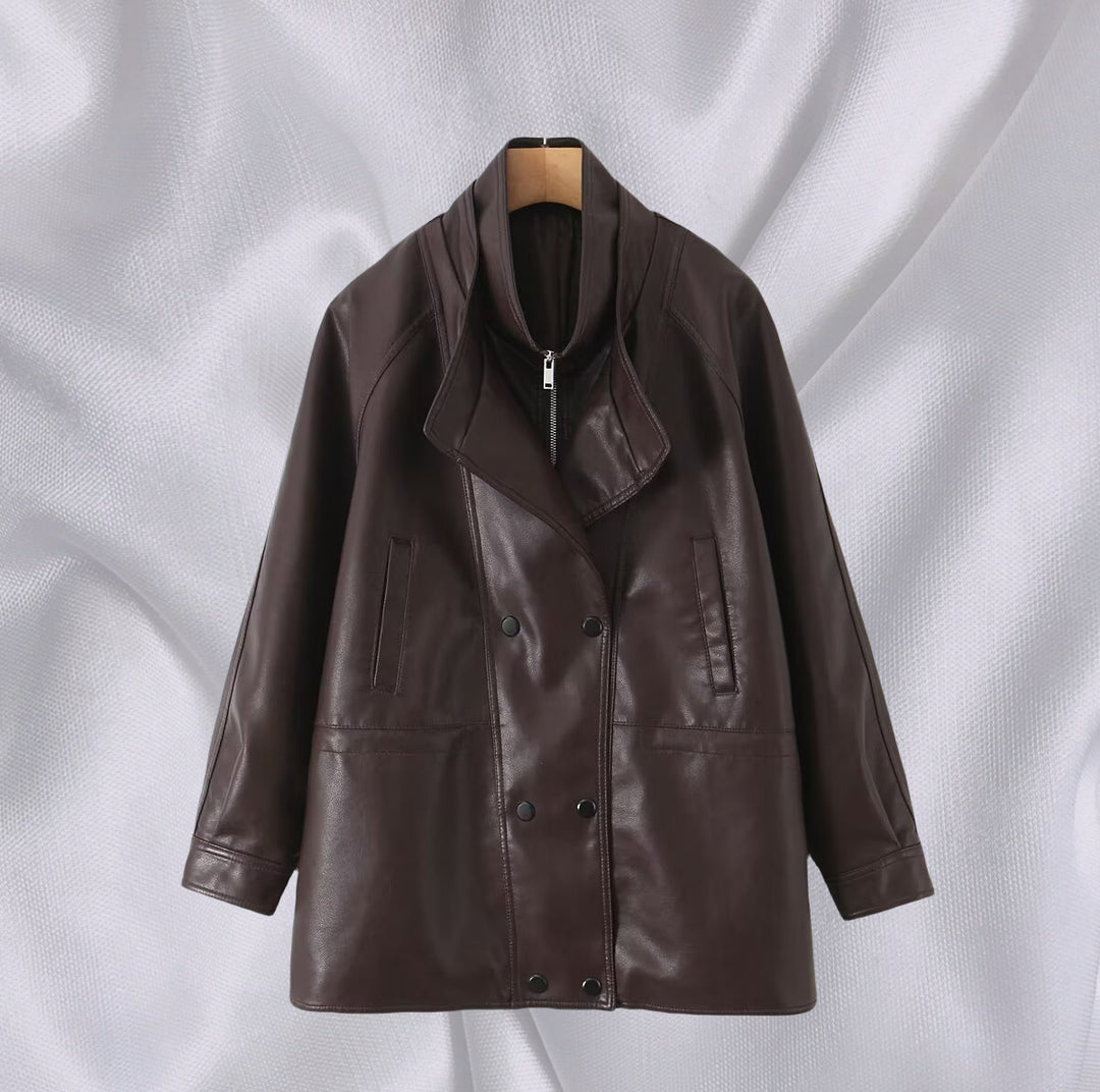 Faux leather jacket for women with large lapels and practical pockets Lune London
