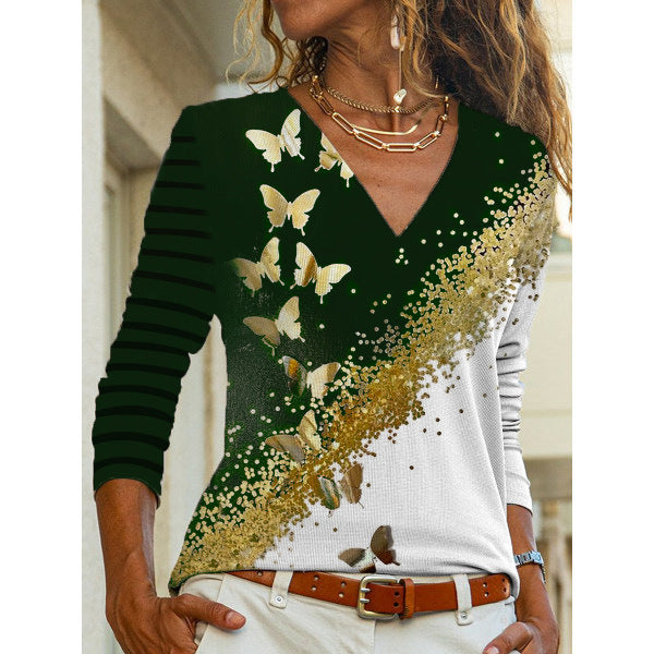 Lune London Women's Long Sleeve Floral Print V Neck Top