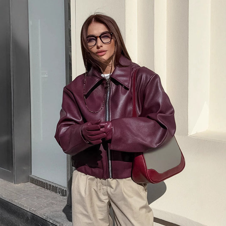 Women’s faux leather jacket with oversized design and high collar Lune London
