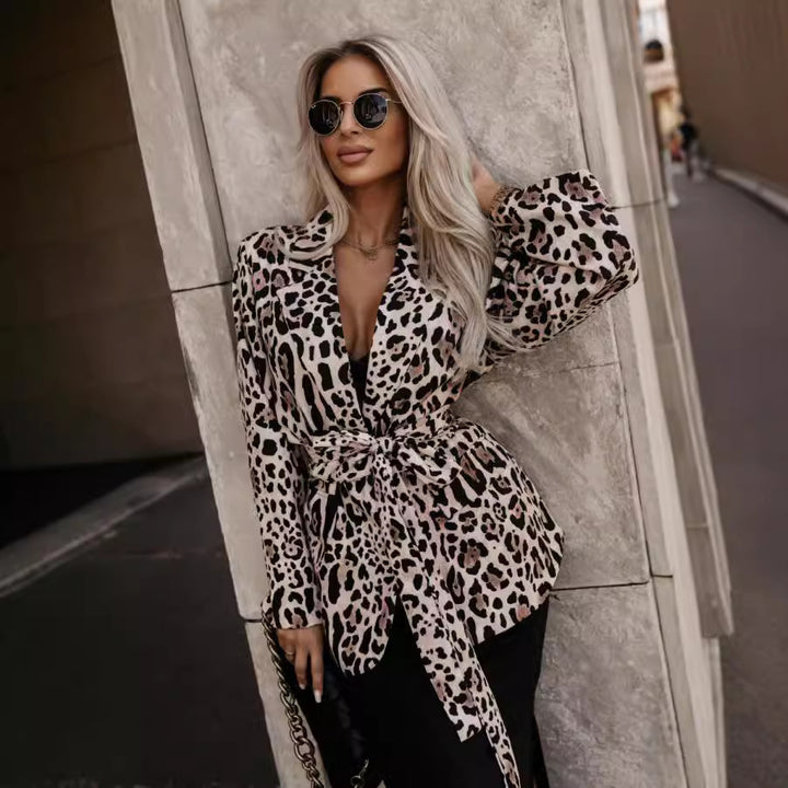 Elegant blazer jacket for women with belt and trendy animal print Lune London