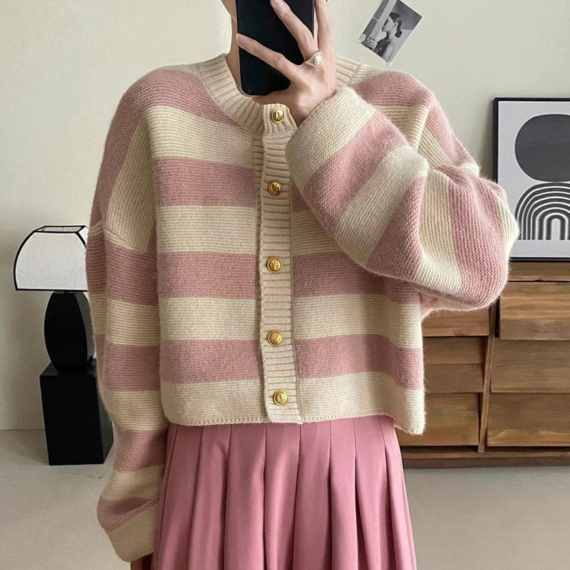 Women's knit jacket with decorative striped pattern and gold buttons Lune London